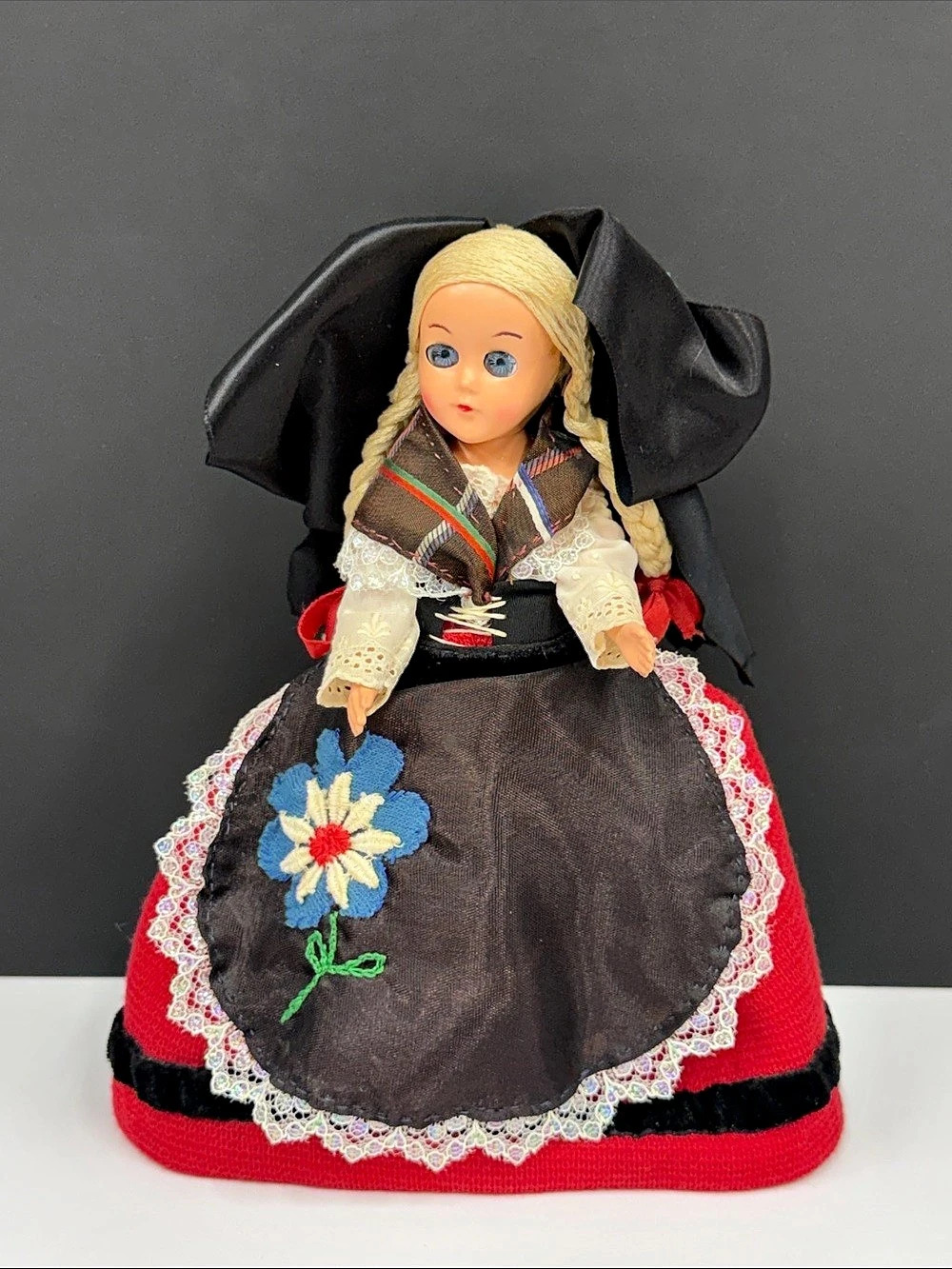 Vintage Spanish Style Regional Folk Costume Doll 8” Blonde Braids Embroidered